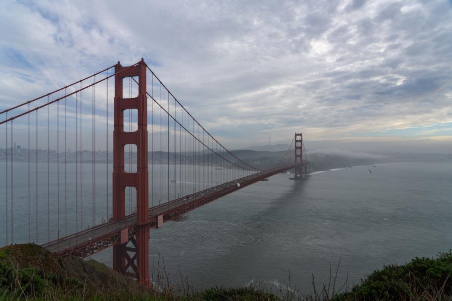 A view of the Golden Gate bridge from the northern edge. Sutro tower can be barely seen in the background.